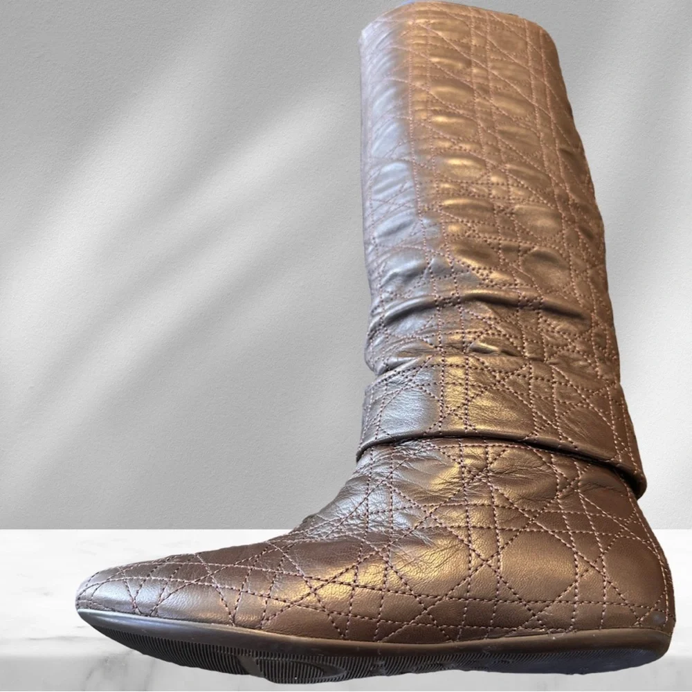 Christian Dior Cannage Quilted Brown Knee High Boots 35 1/2 - Picture 10 of 13